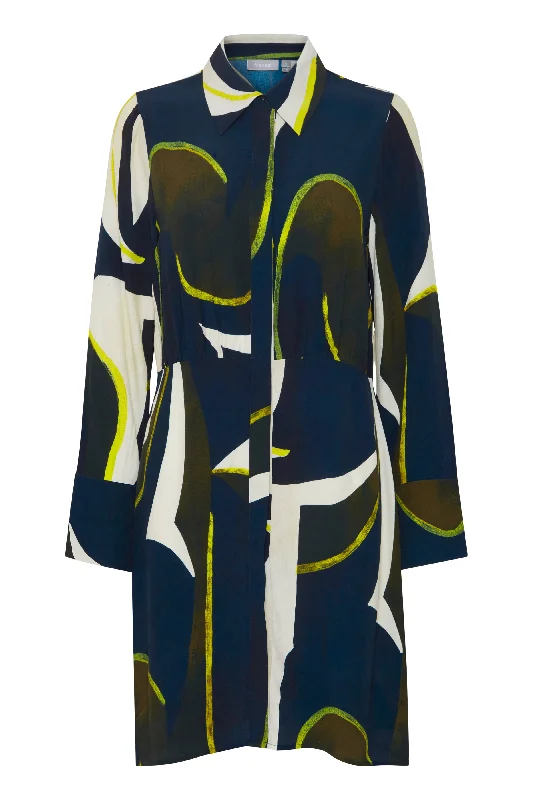 Fransa Lena Abstract Print Knee Length Shirt Dress, Navy & YellowOne-shoulder Dress