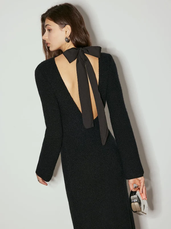 Tie Neck Open Back Long DressSweater Dress