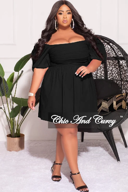 Final Sale Plus Size Half Crown Sleeve Sheering Front Ruffle Mini Dress in BlackWomen's party tops