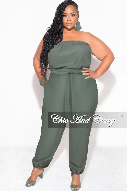 Final Sale Plus Size Strapless Jumpsuit with Tie in OliveKnitted Shirt