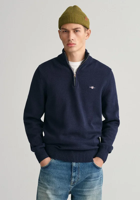 Gant Casual Cotton Half Zip Sweater, Evening BlueCropped Knit Tops