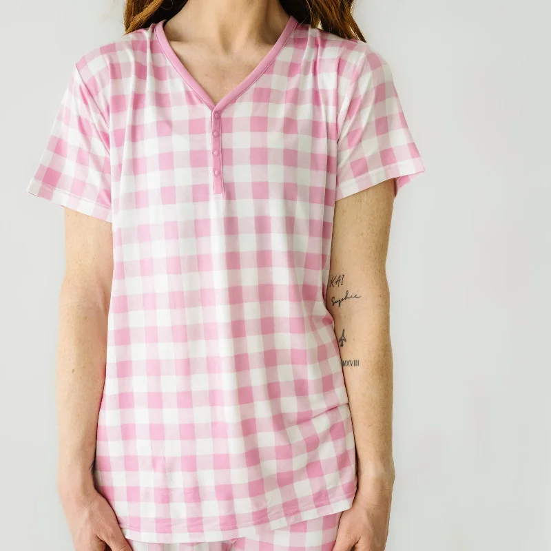 Formal Short Sleeve TopsPink Gingham Women's Short Sleeve Pajama Top