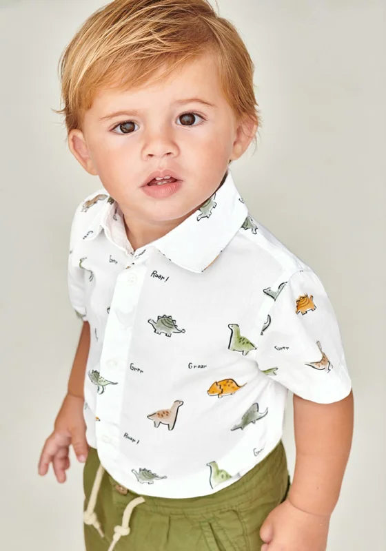 Skateboard Short Sleeve TopsMayoral Baby Boy Dino Print Short Sleeve Shirt, White