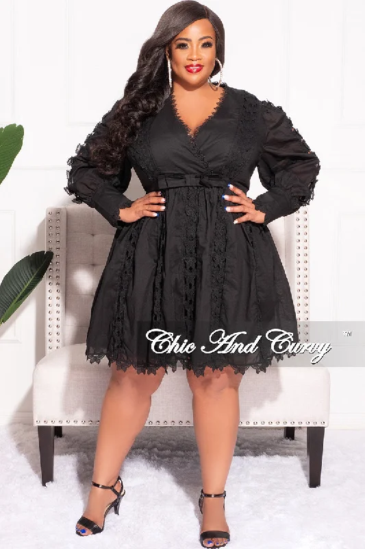 Final Sale Plus Size Faux Wrap Dress with Butterfly Applique in BlackPlus size women's V-neck tops