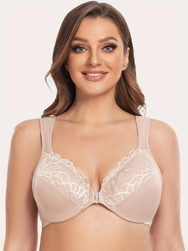 Women's Plus Size Front Closure Underwire Full Coverage Everyday Bra with Elegant Contrast LaceLarge women's wrinkle-free tops