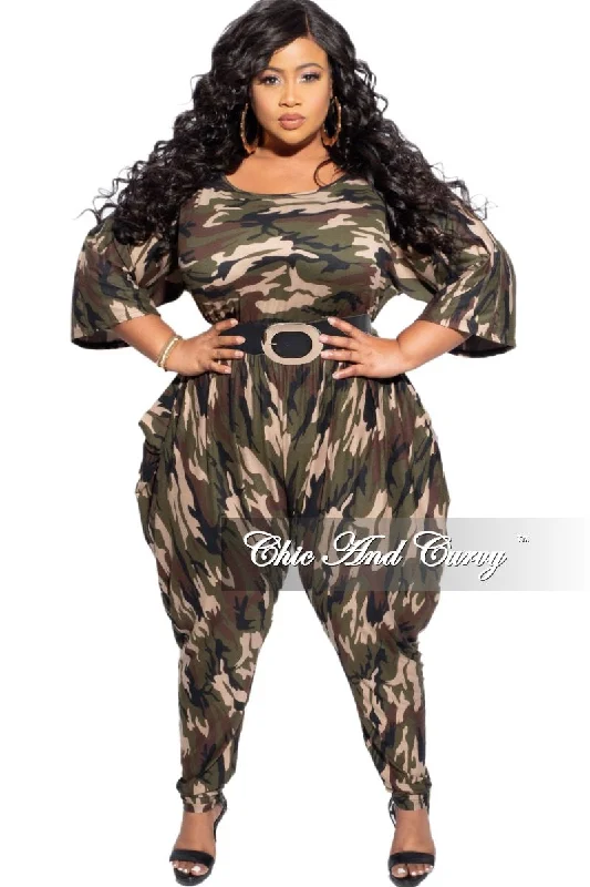 Final Sale Plus Size Jumpsuit with Harem Effect in Camo PrintWomen's fleece tops