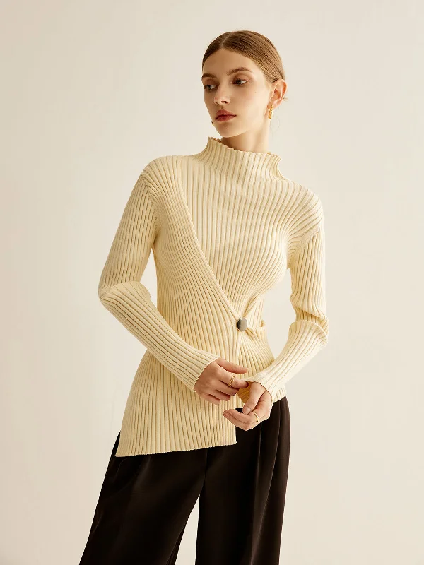 Mock-Neck Ribbed Cinched SweaterDesigner Knit Tops