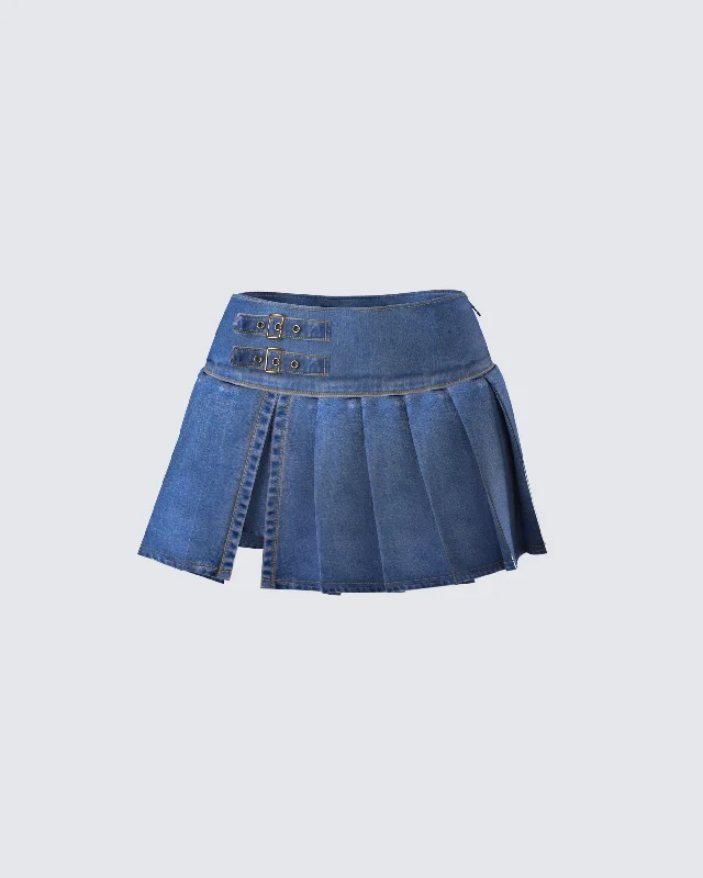 Alazne Blue Denim Pleated Micro Mini SkirtProm Skirt