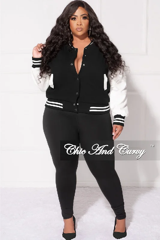 Final Sale Plus Size Plain Varsity Jacket in Black and WhiteWomen's winter tops