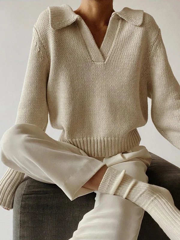 Lapel Ribbed Pullover SweaterHiking Knit Tops