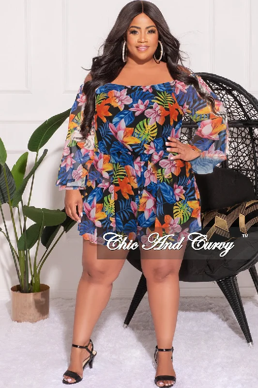 Final Sale Plus Size Mesh Off the Shoulder Bell Sleeve Romper in BlackPlus size women's retro tops