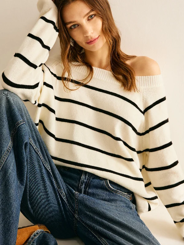 Off Shoulder Striped Pullover SweaterHooded Knit Tops