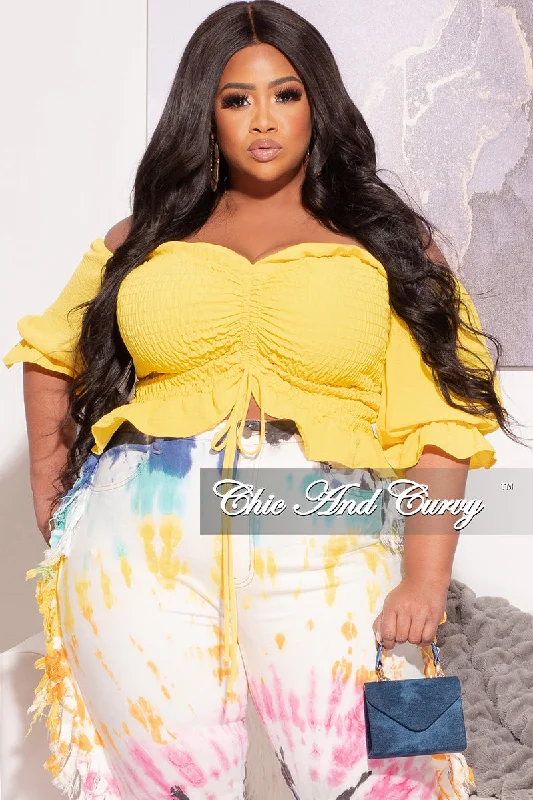 Final Sale Plus Size Off the Shoulder Frill Top with Middle Drawstring and Ruffle BottomLarge women's stretch tops