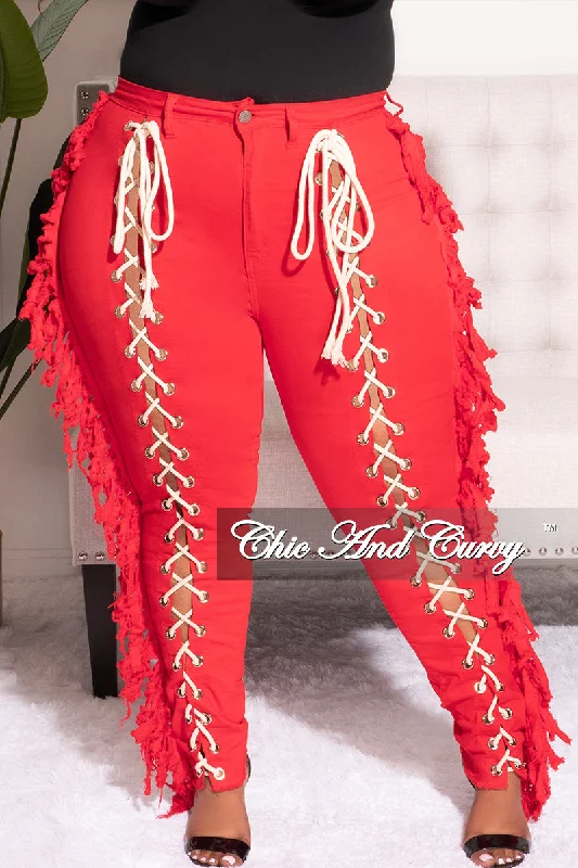 Final Sale Plus Size Tassel with Taupe Lace Up Jeans in Red DenimWomen's party tops