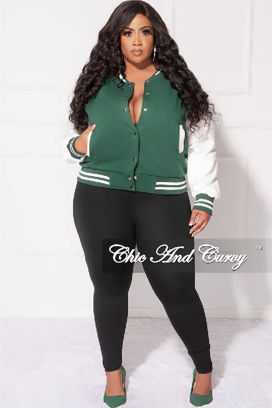 Final Sale Plus Size Plain Varsity Jacket in Green and WhiteKnit Tee