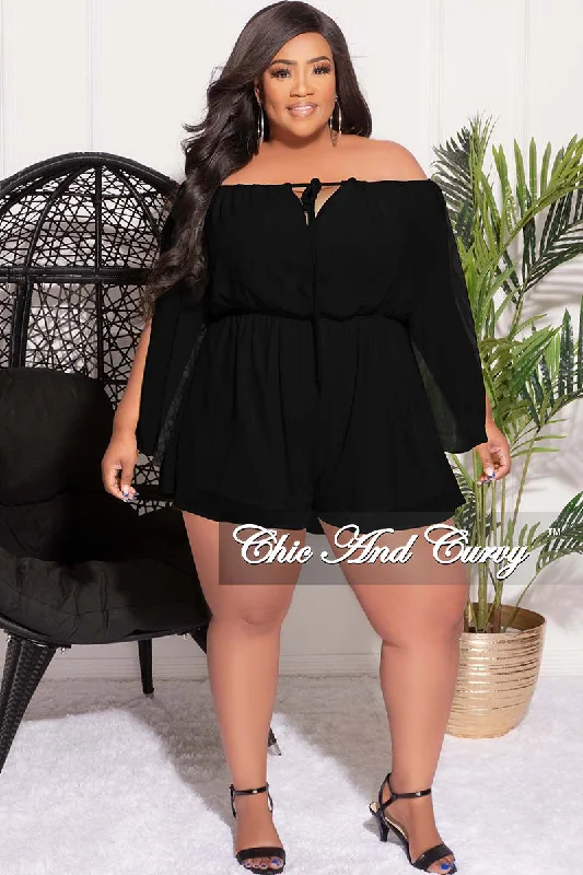 Final Sale Plus Size Off the Shoulder Chiffon Romper with Slit Sleeves in BlackWomen's luxury tops