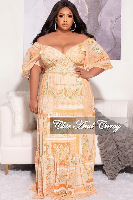 Final Sale Plus Size Off the Shoulder Deep V Maxi Dress in  Mustard Orange and Green Floral PrintPlus size women's street style tops