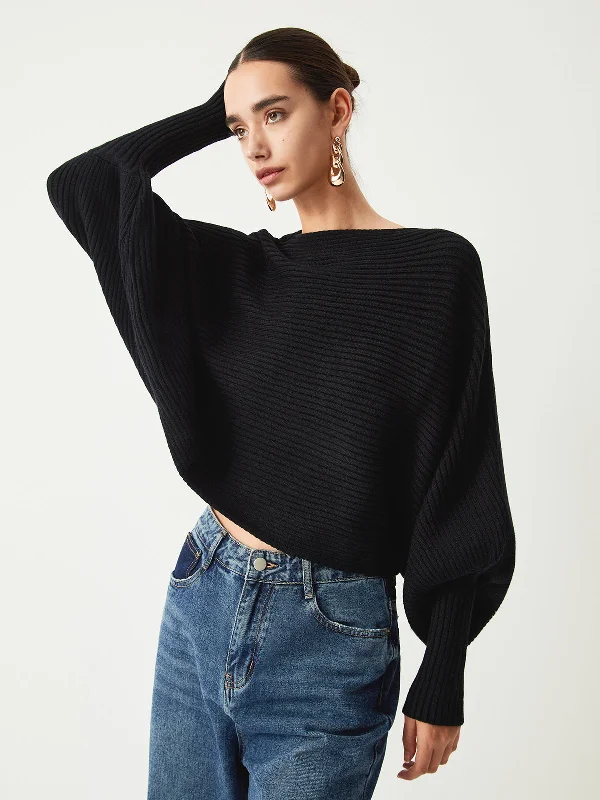 Slouchy Oversized Rib Crop SweaterBoat Neck Knit Tops