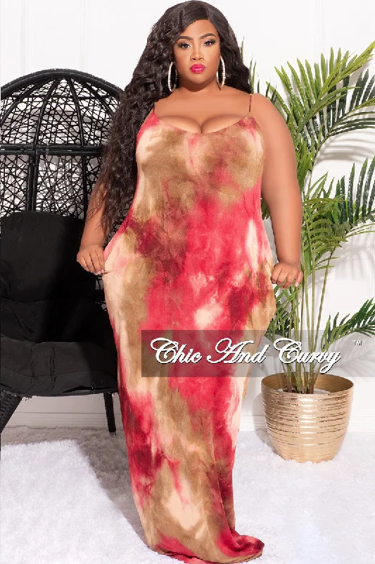 Final Sale Plus Size Spaghetti Strap Maxi Dress in Red and Brown Tie DyeWomen's thin tops