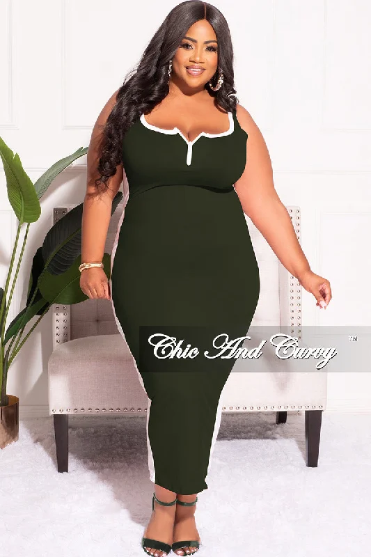 Final Sale Plus Size Cami Long Dress with Contrast  Tape in Olive and WhiteKnitted 