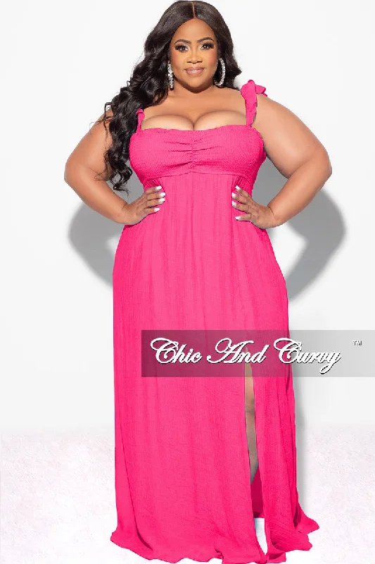 Final Sale Plus Size Off the Shoulder Smocked Maxi Dress in FuchsiaPlus size women's bohemian tops