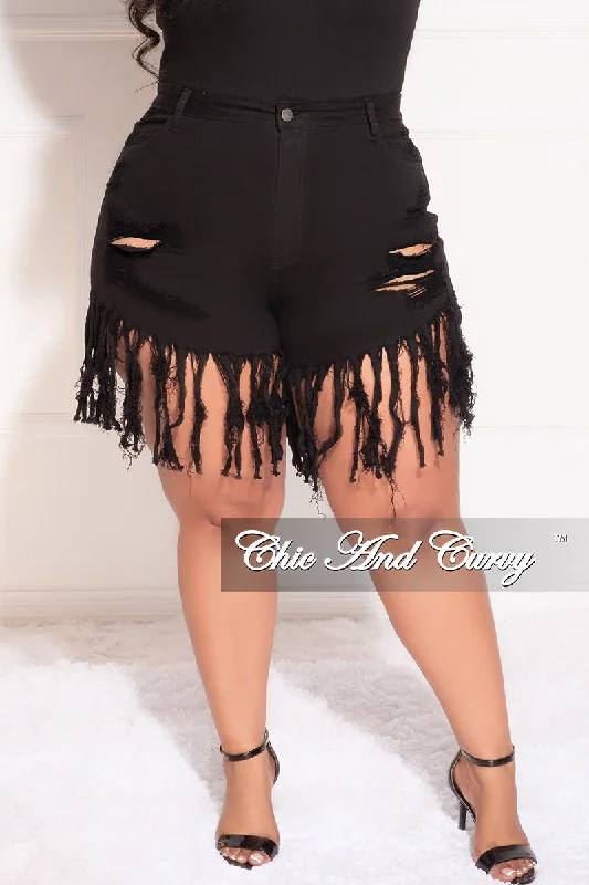 Final Sale Plus Size Denim Fringe Shorts in BlackLarge women's oversize tops