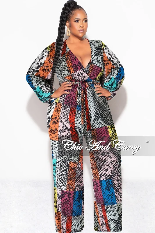 Final Sale Plus Size Long Sleeve Faux Wrap Jumpsuit with Attached Tie in Multi-Color PrintPlus size women's off-the-shoulder tops