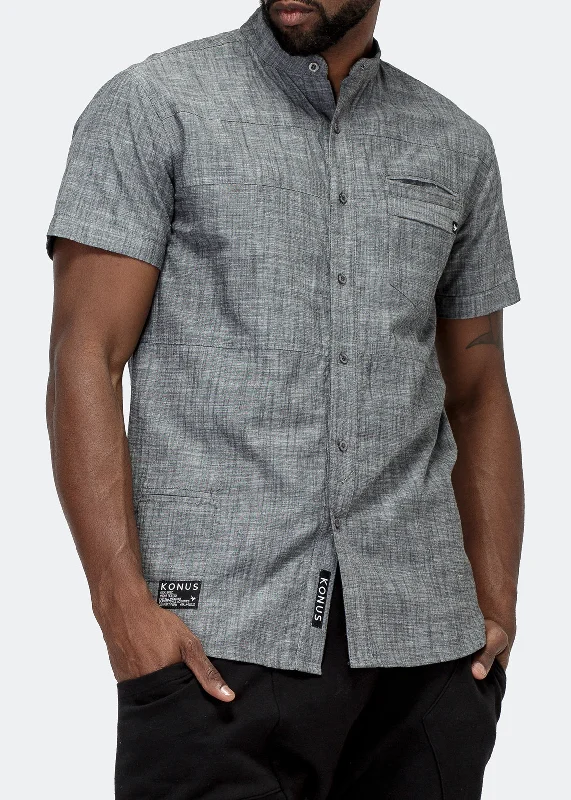 Colorblock Short Sleeve TopsKonus Men's Short Sleeve Mandarin Collar Shirt In Charcoal