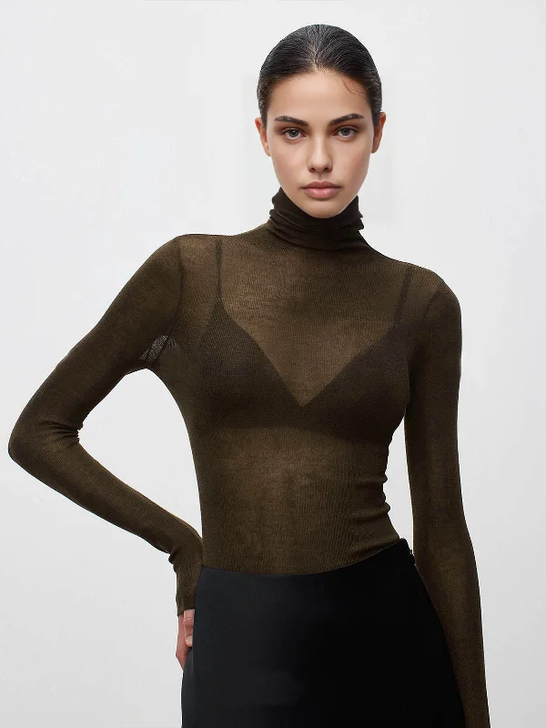 Wool-Blend Turtleneck Sheer SweaterOutdoor Knit Tops