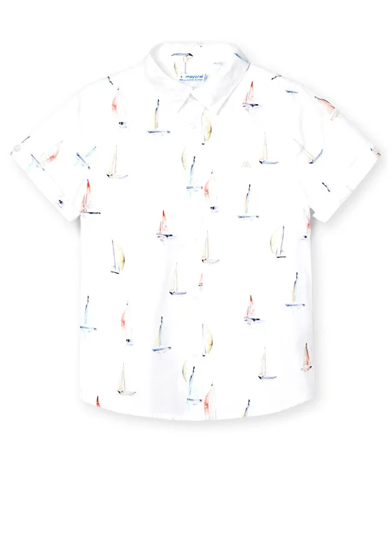 Travel Short Sleeve TopsMayoral Boys Yacht Print Short Sleeve Shirt, White