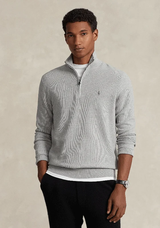 Ralph Lauren Mesh Knit Cotton Half Zip Sweater, Andover HeatherWool Knit Tops