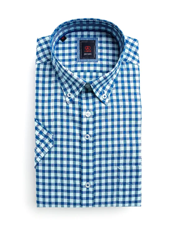 Printed Short Sleeve TopsAndre Lagan Short Sleeve Check Shirt, Blue