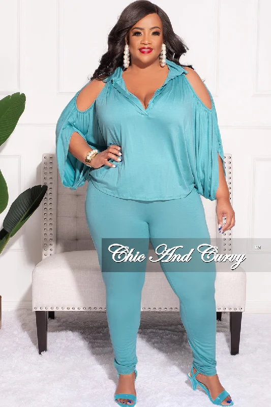 Final Sale Plus Size 2pc Cold Shoulder Shirt Top and Pants Nile BlueWomen's thin tops