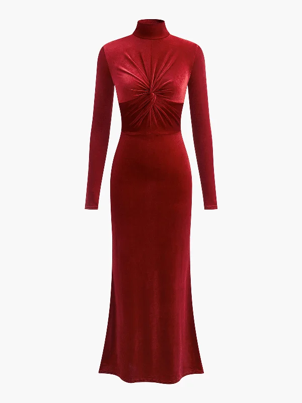 Mock Neck Knotted Velvet DressTulle Dress