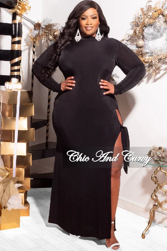 Final Sale Plus Size Maxi Dress with High Slit and Tie in BlackPlus size women's elegant tops