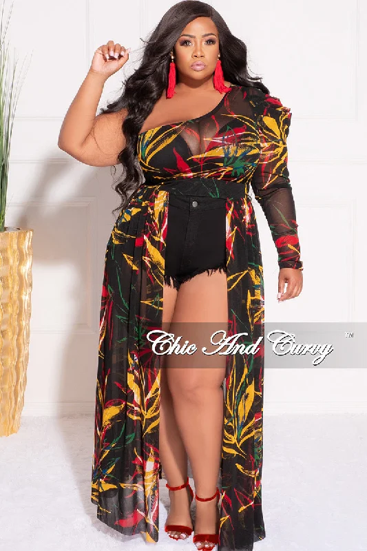 Final Sale Plus Size One Shoulder Mesh Top with Train in Black & Red Multicolor Design PrintWomen's commuter tops