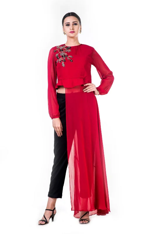 Rain PantsEmbroidered Red Asymmetrical Long Top With Straight Fit Pants