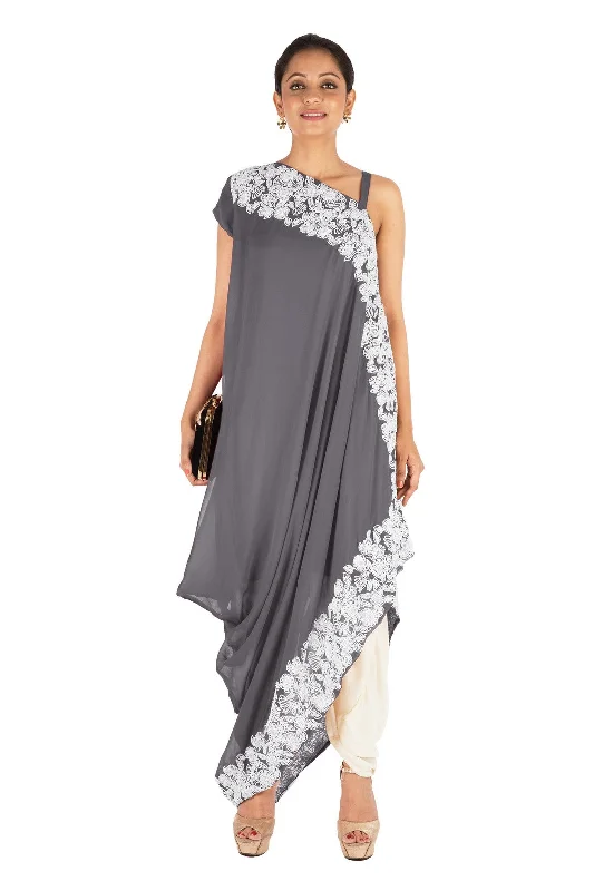 Hiking PantsHand Embroidered Cloud Grey Drape Kurti With Dhoti Pant.