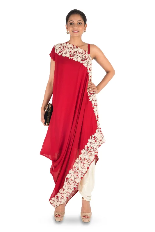 Insulated PantsHand Embroidered Ox Blood Red Drape Kurti With Dhoti Pant.