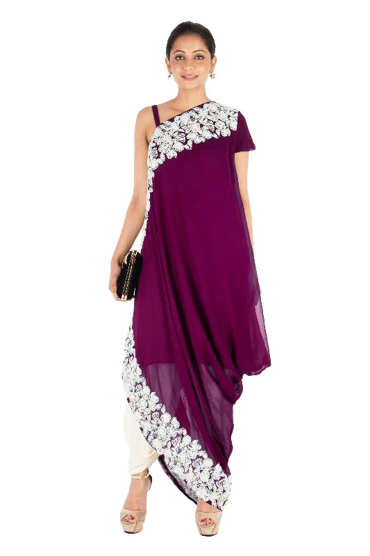 Hunting PantsHand Embroidered Plum Drape Kurti With Dhoti Pant.