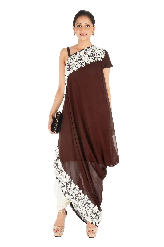 Fishing PantsHand Embroidered Walnut Brown Drape Kurti With Dhoti Pant.