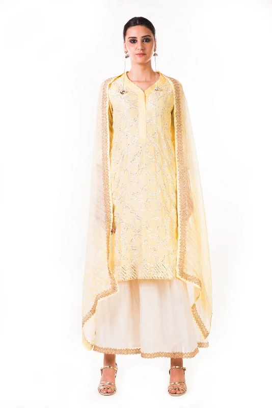 Ski PantsLight Yellow Gota Work Chanderi Kurta And Chanderi Pallazo Pants With A Lehriya Dupatta