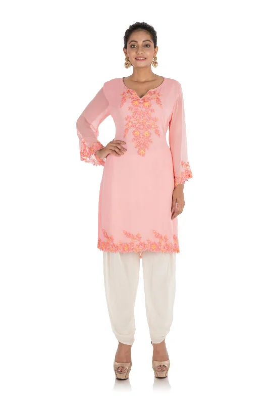 Thermal PantsPowder Pink Embroidered Kurti With White Dhoti Pants