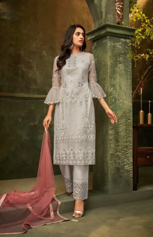 High-visibility PantsSophisticated Silver Straight Kurti with Pallazo Pants - ZE2008