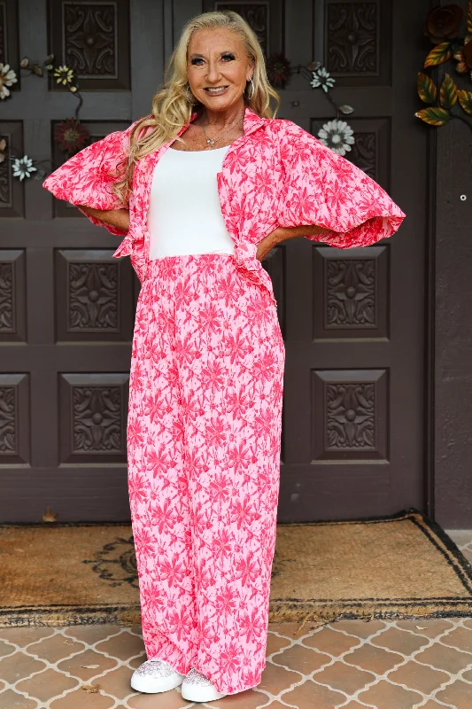 Thermal PantsEasel Hot Pink & Red Floral Crinkled Poly Wide Leg Pant: A Stylish Summer Bloom