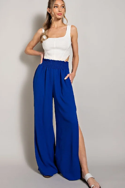 Designer Pantseesome Royal Blue Wide Leg Slit Pants With Smocked Waist