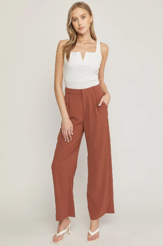 Flare PantsEntro High Waisted Full Leg Pants With Pockets In Brown