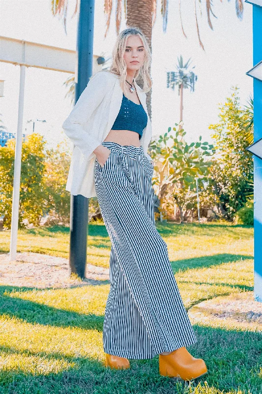 SweatpantsHyfve Funky Flare High-Waisted Stripe-Print Flared Pants In Navy And White