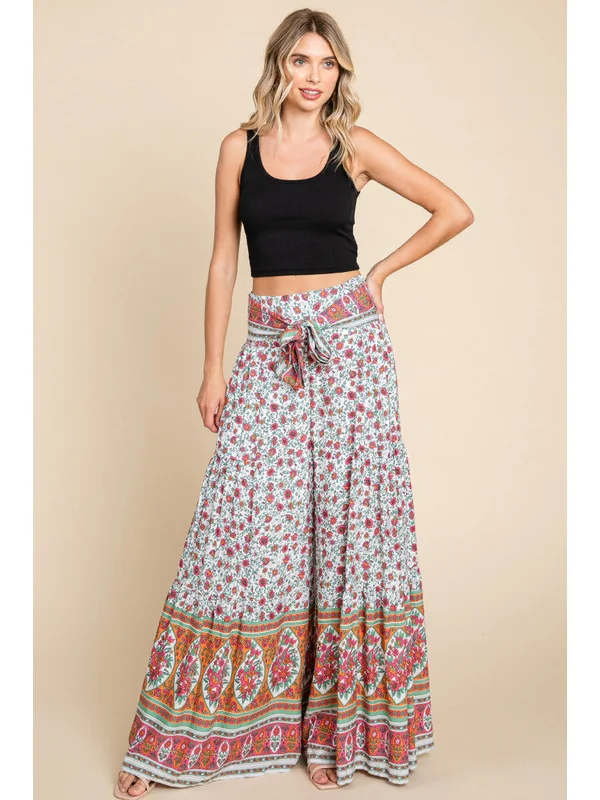 Snow PantsJodifl Off White Floral Print Palazzo Wide Leg Pants