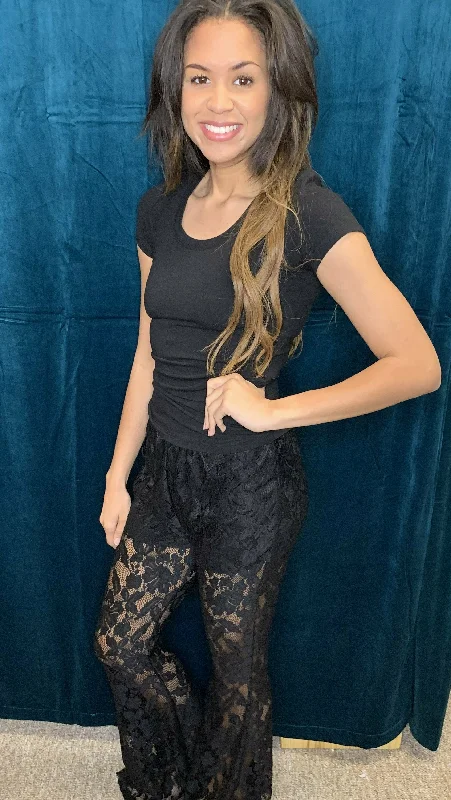 Wide-legL And B Black Lace Bell Bottom Pants